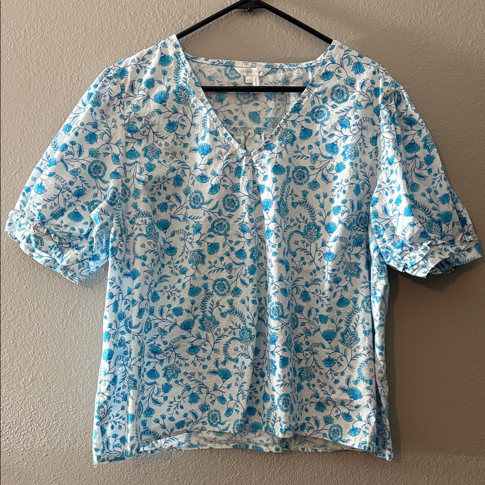 Draper James Heidi Puff Sleeve V-Neck Blue and White Floral Blouse XXL